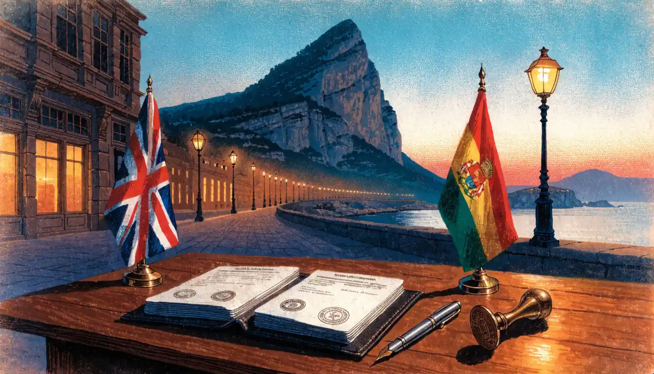 Gibraltar coastal promenade at dusk with licence folder on a desk beside British and Gibraltarian flags.