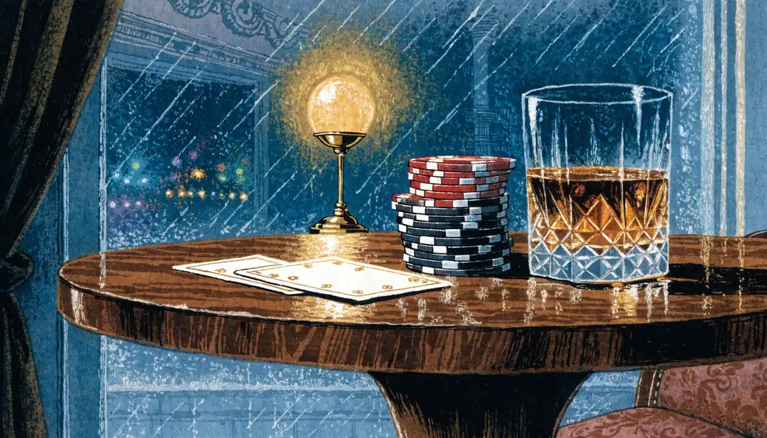 Casino chips, playing cards, and whisky on a dark table in a London lounge