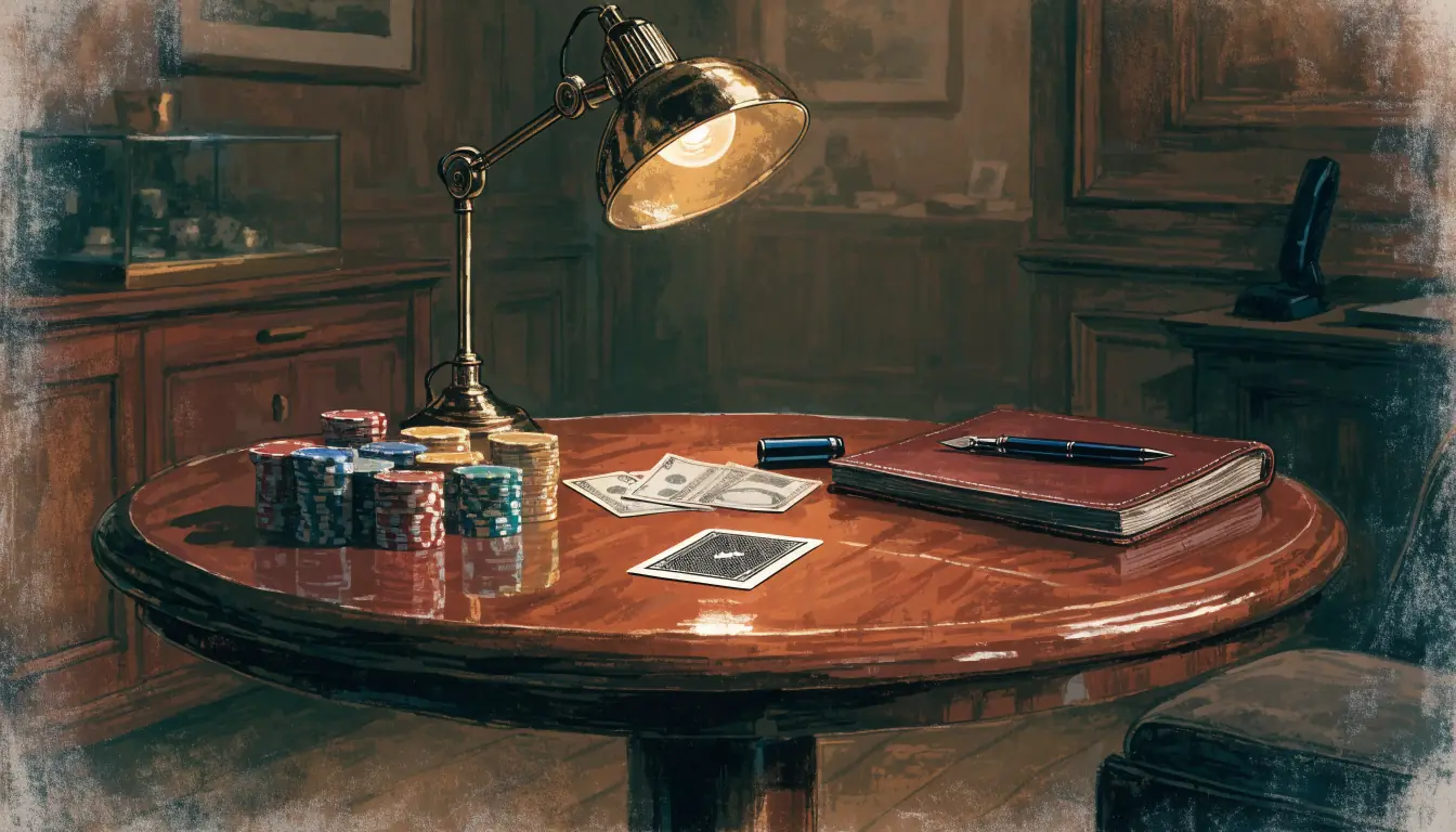 Casino chips, a face-down card and a notebook on a wood table in a British club setting.