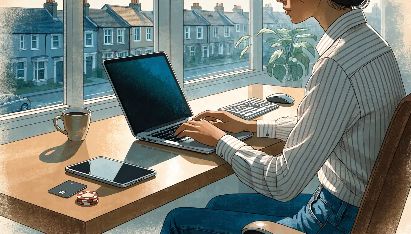 Person at desk with laptop, phone, bank card and casino chips in UK home