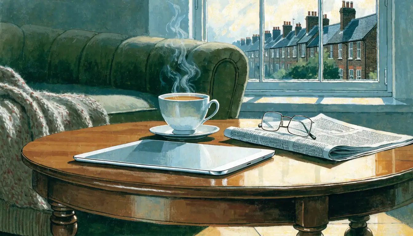 iPad face-down on a coffee table in a British living room with tea