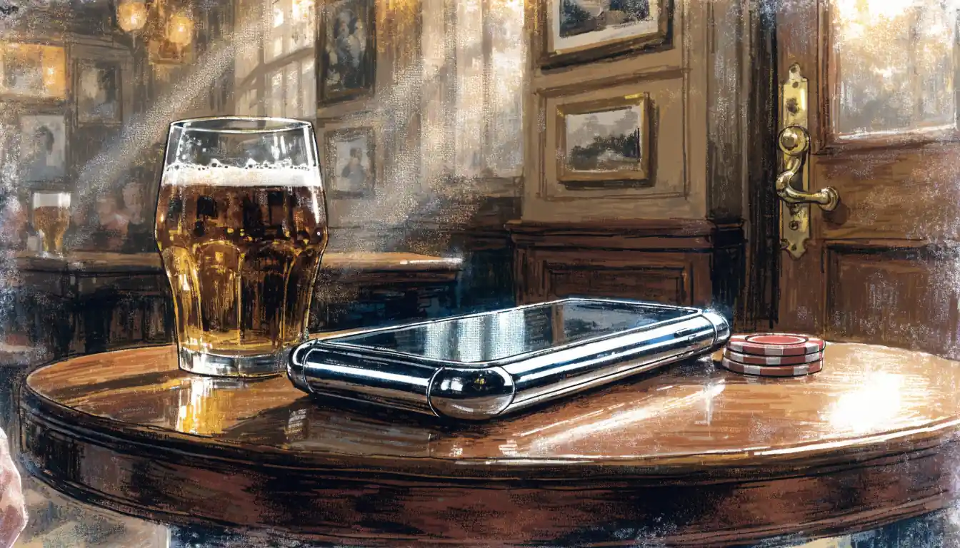 Smartphone and casino chips on a British pub table beside a pint of ale.