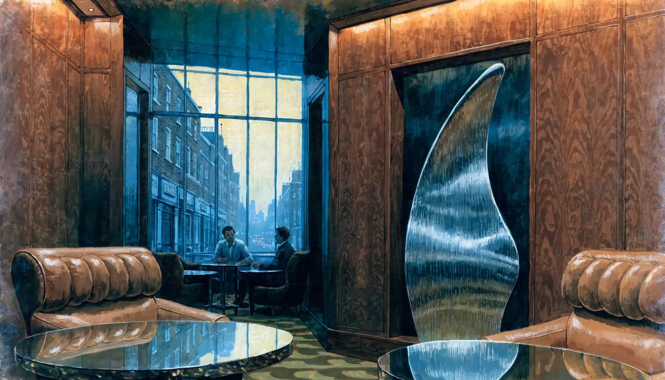 Modern UK casino lounge interior with warm lighting and London street view