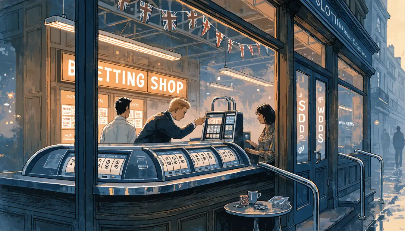 Modern UK betting shop interior at dusk with promotional leaflets and casino chips on a table.