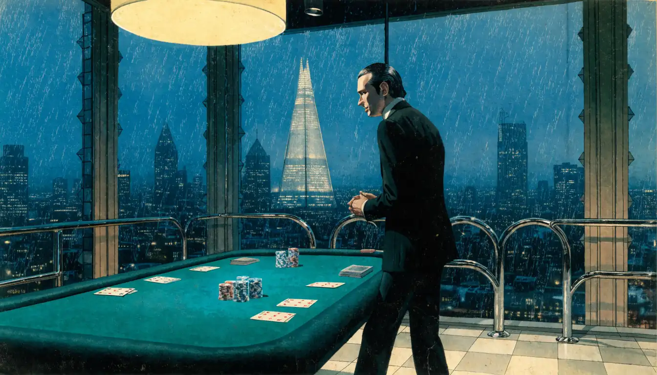 Live baccarat table in a UK casino studio with croupier and London skyline.