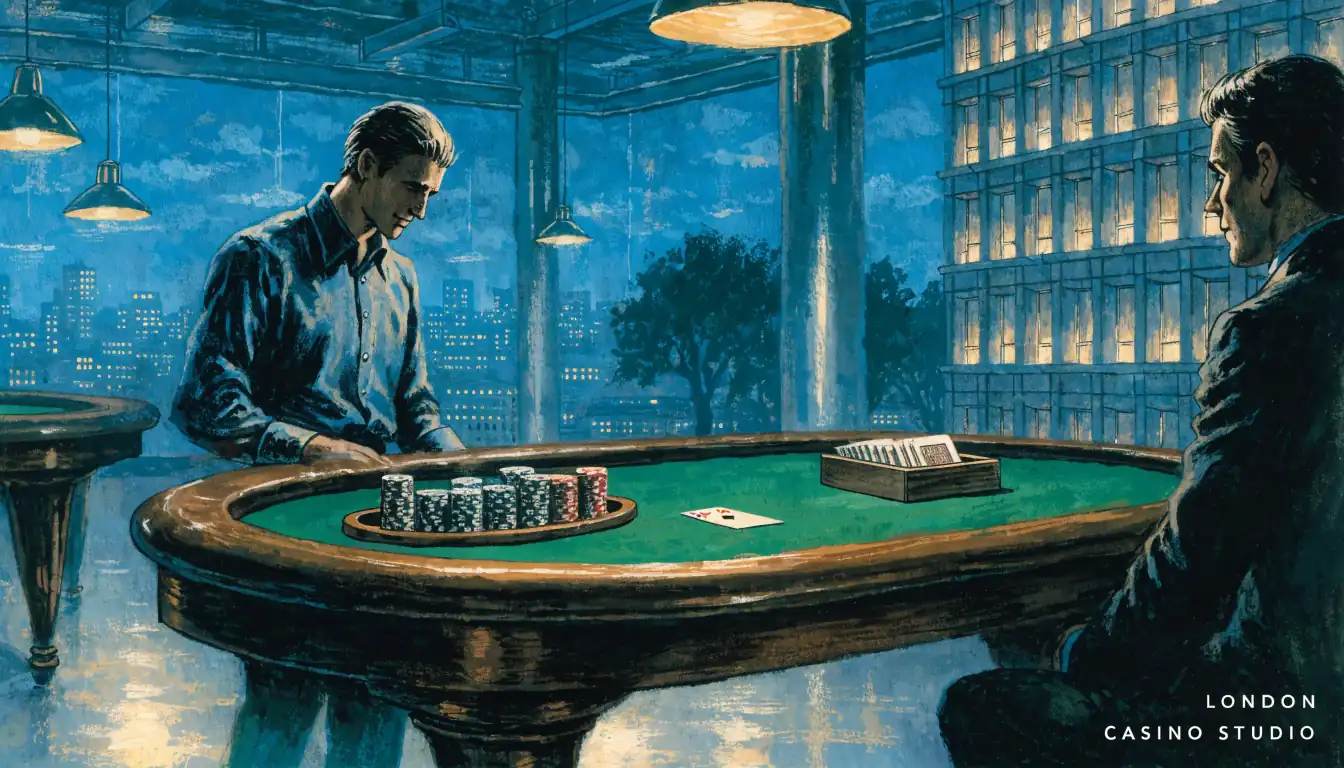 Elegant UK blackjack studio table with chips and cards under warm lighting
