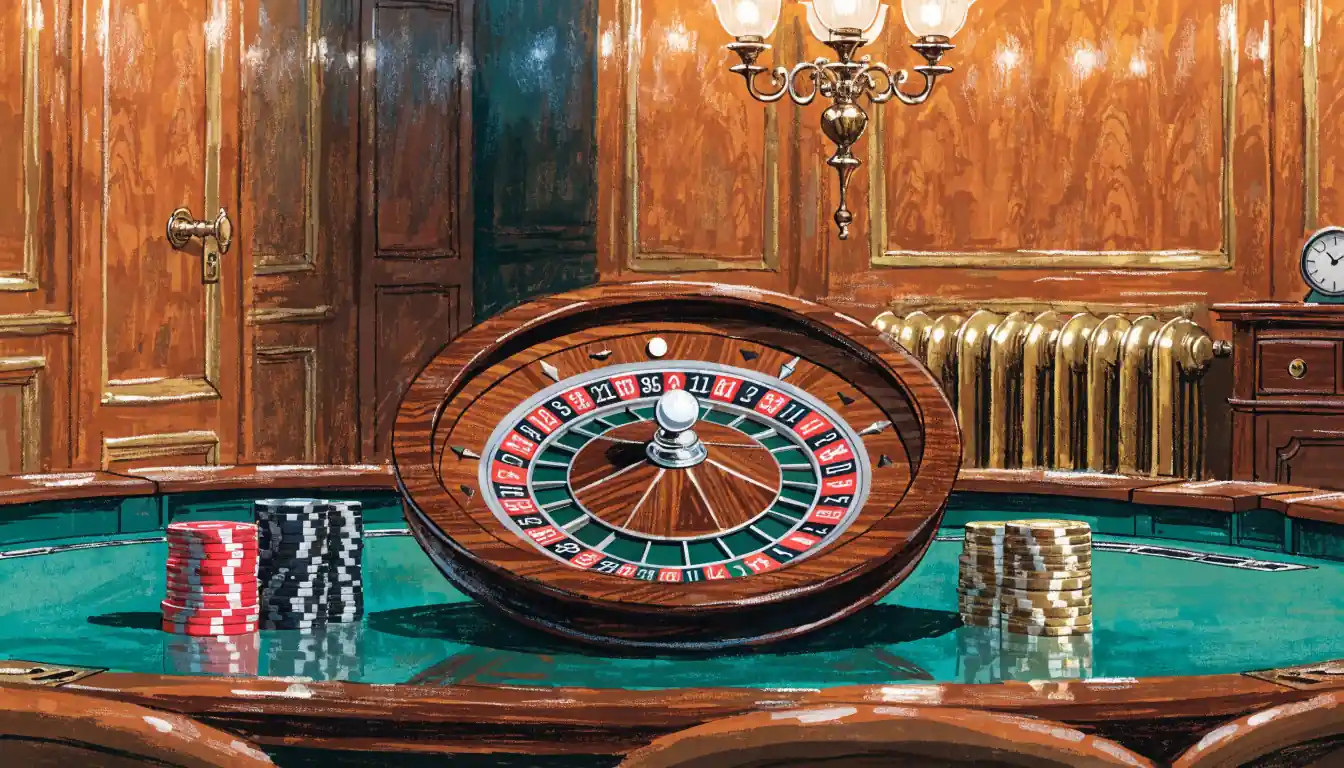 Roulette wheel and stacked chips on a green baize table in an elegant British casino lounge.