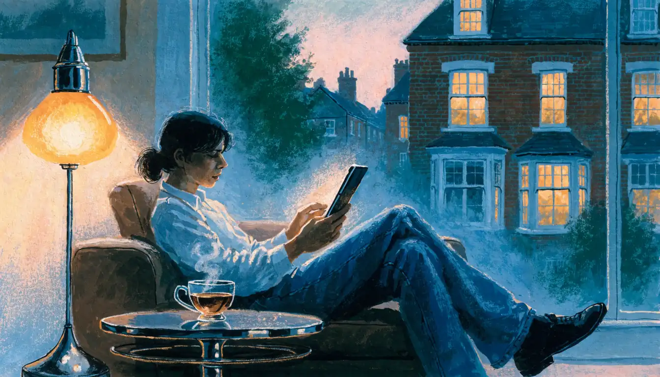Person with tablet in cozy British living room at dusk, tea on side table.