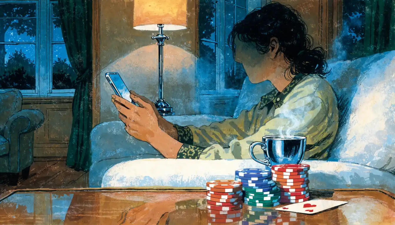Person on UK sofa with smartphone near casino chips and tea on coffee table