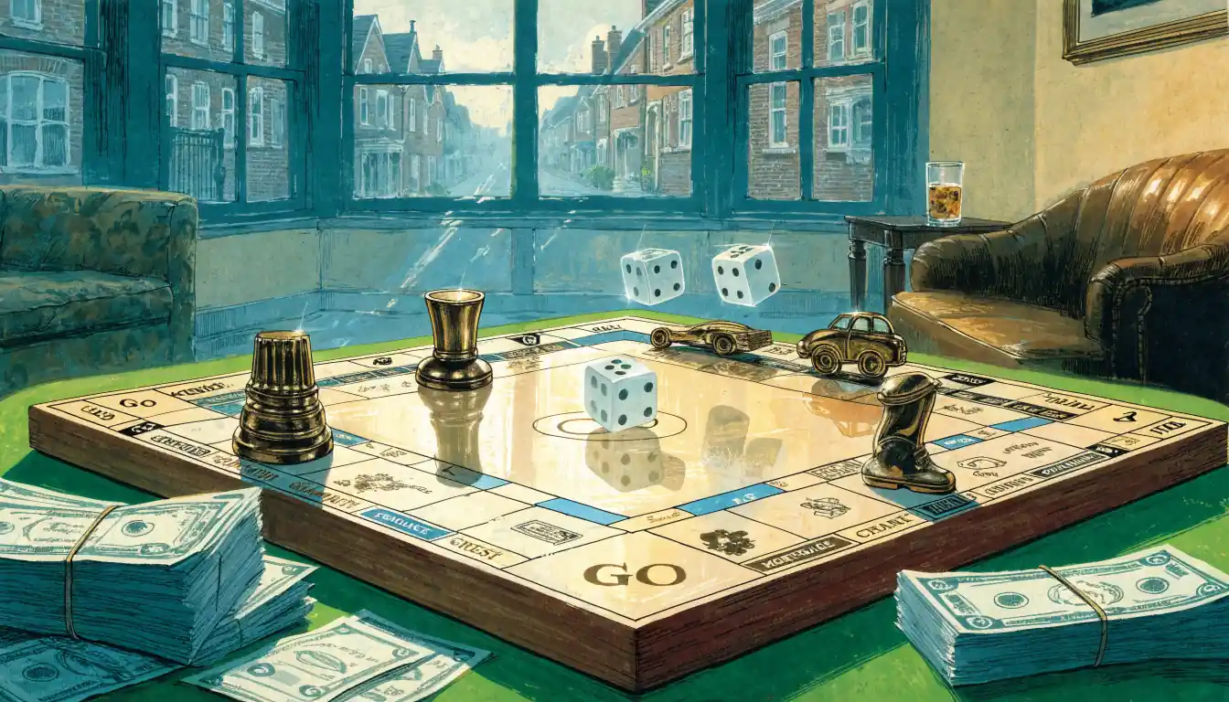 Monopoly board on a green felt table in a modern London apartment interior.