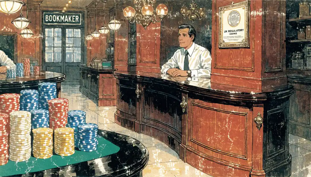 Traditional British bookmaker interior with casino chips on green felt and a framed licence certificate on the wall