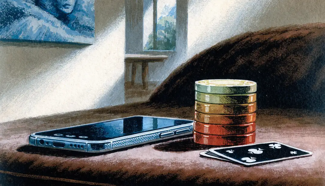 Smartphone face-down with casino chips and card on velvet surface