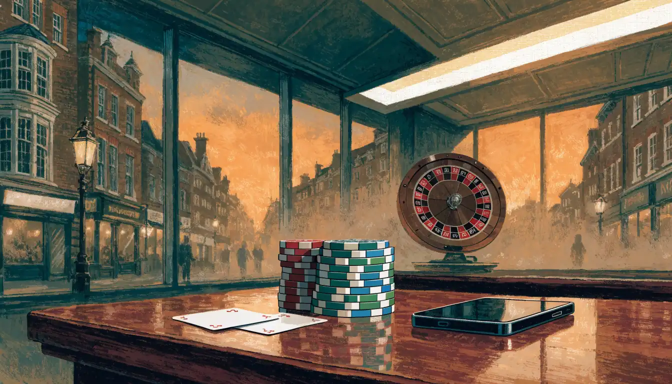 Casino chips, face-down cards, and a smartphone on a wooden lounge table with a London evening view.