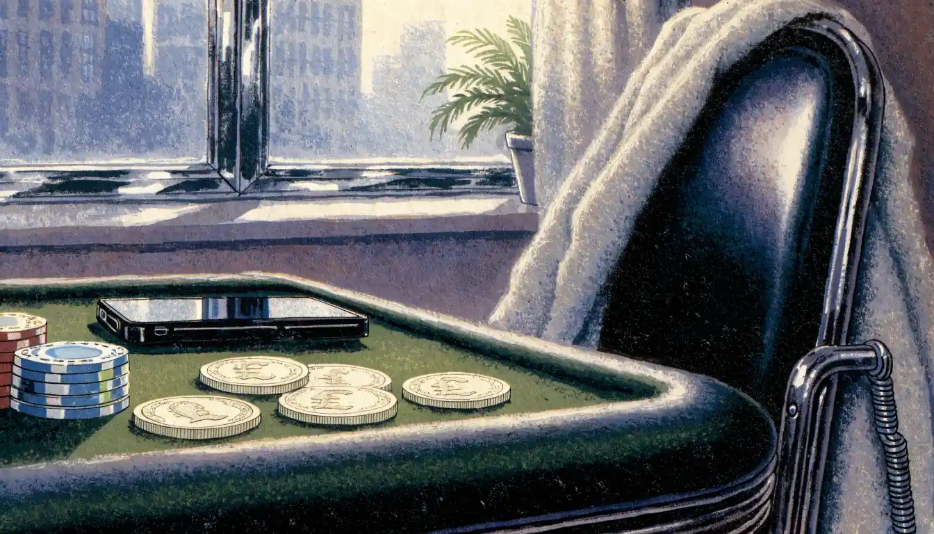 British pound coins and chips on a felt surface beside a face-down phone