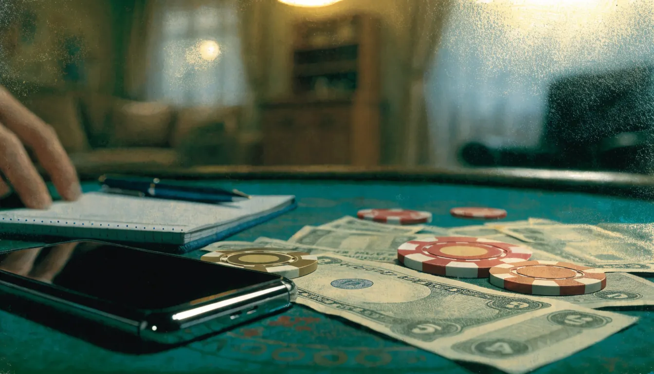 Pound notes and casino chips on a green felt surface next to a face-down phone in a British living room.
