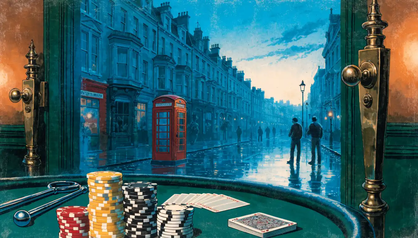 Casino interior opening onto a wet London street at dusk, with chips and cards on a felt table.