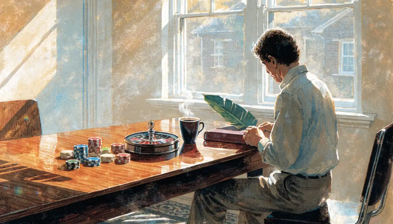 Man at a wooden table with casino chips, roulette wheel, tea, and a notebook in afternoon light.