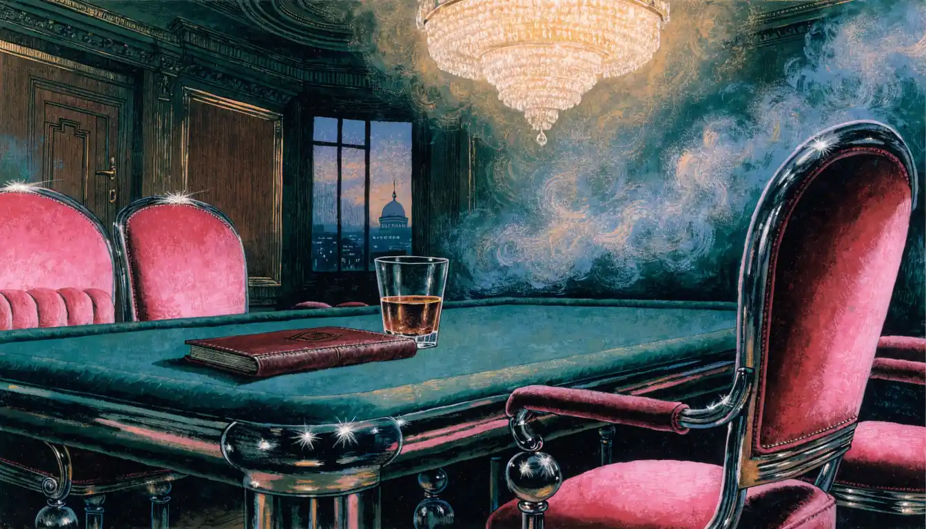 European casino lounge interior with red velvet seating, green felt table, chandelier, and continental twilight skyline visible through the window.
