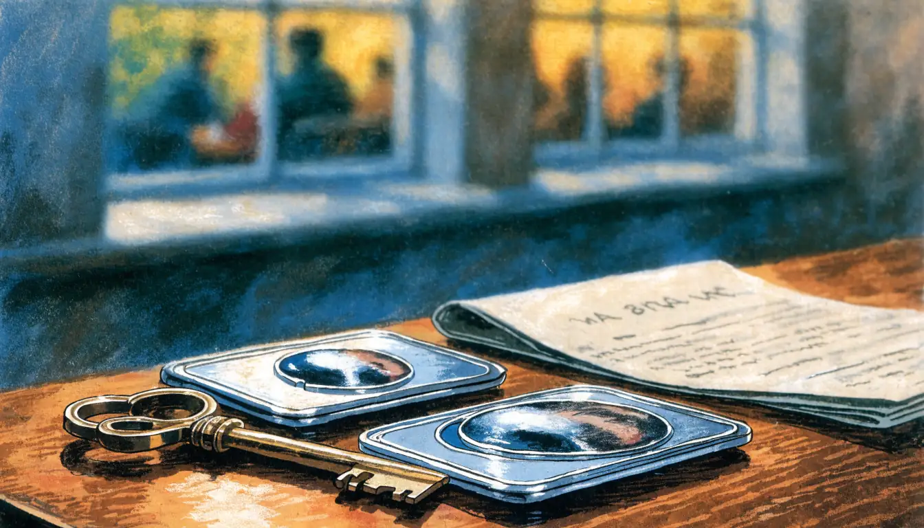 Two licence badges on a wooden table near a folded document and a pub window.