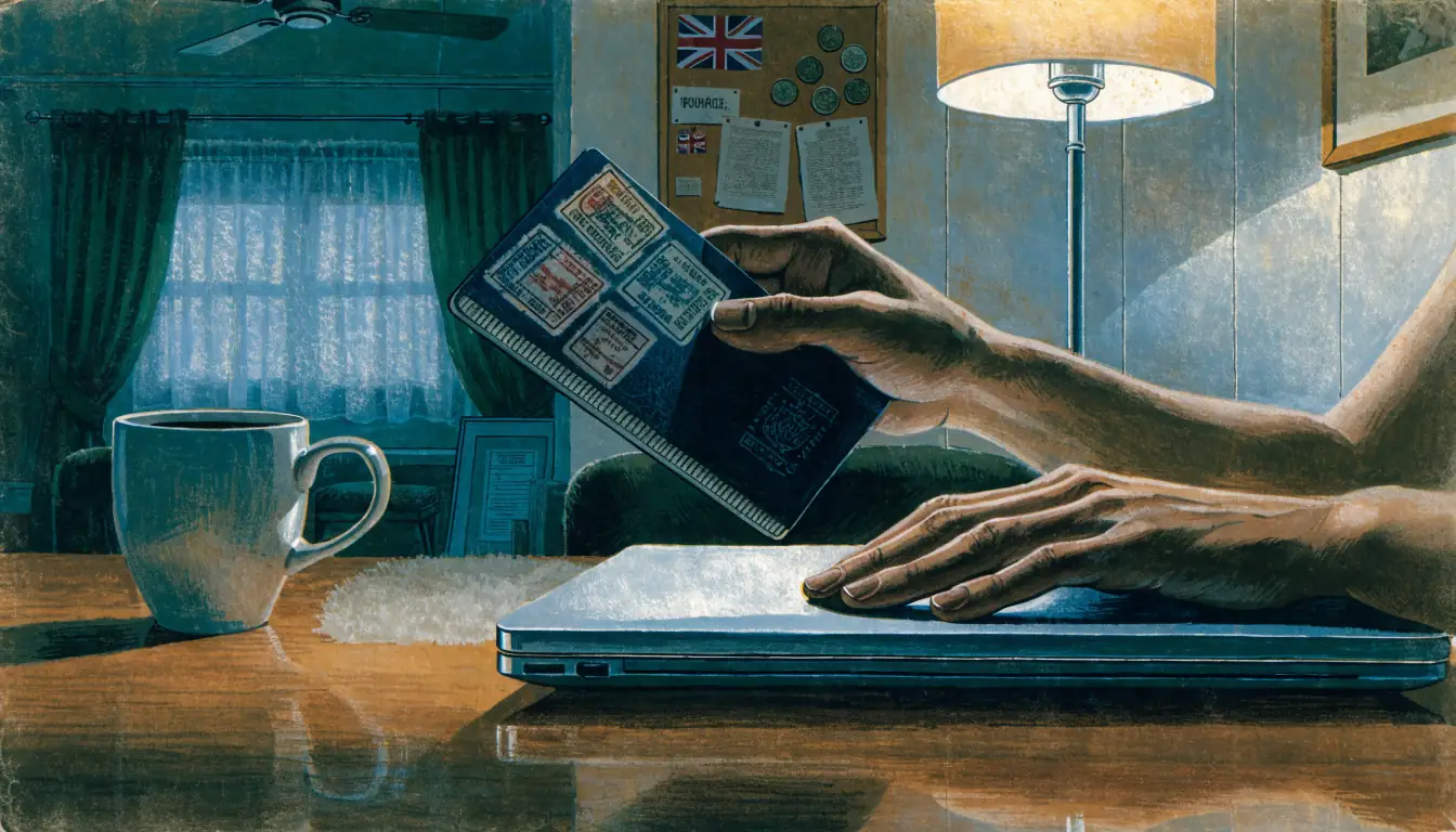 Hands at a desk with a closed laptop, passport and small British flag pin in warm lamp light.