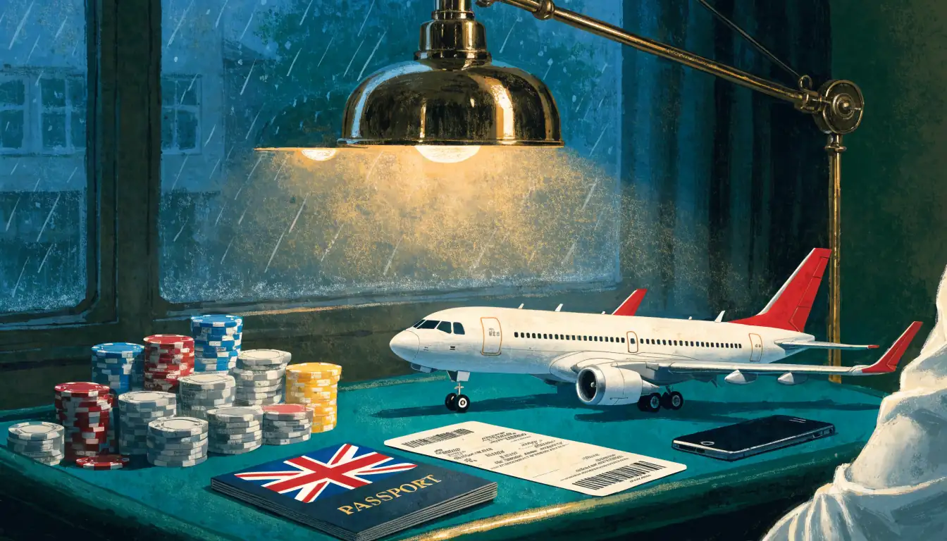 Casino chips, British passport, and boarding pass on a felt table by lamplight.