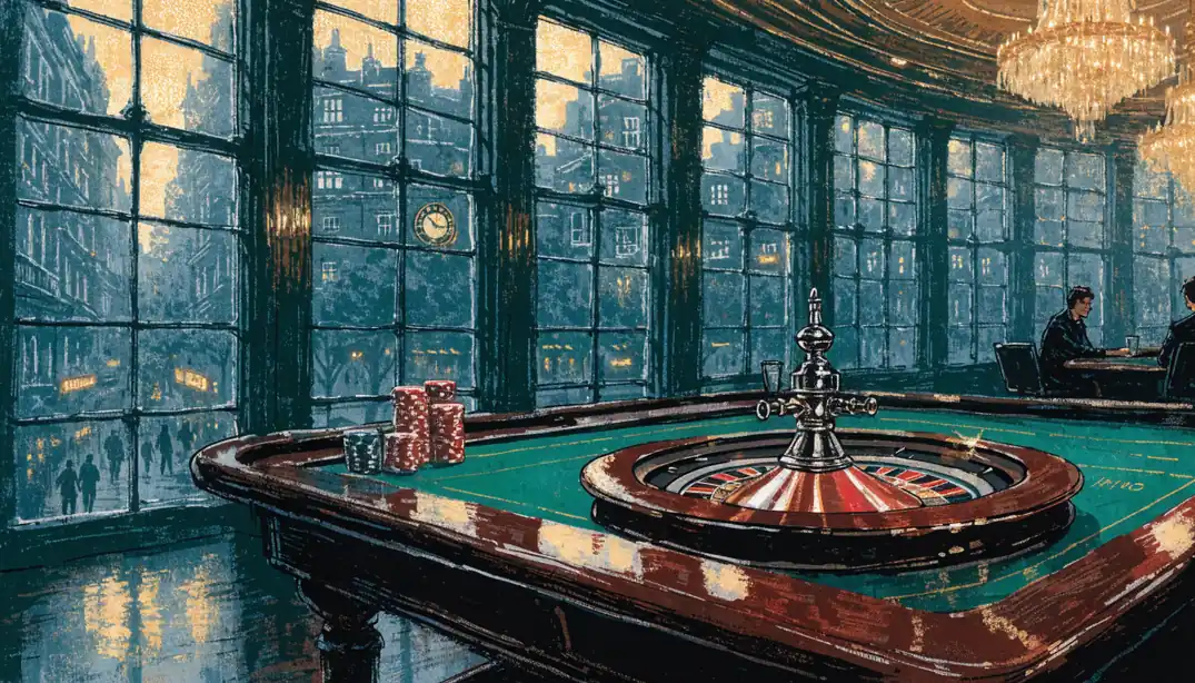 Roulette wheel and chips on a casino table in a London club room