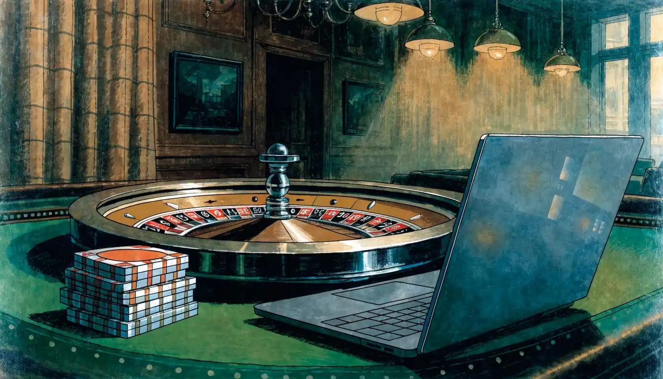 European roulette wheel on a green baize table in an upscale London lounge