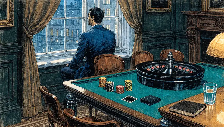 Elegant London casino lounge with card table, chips, roulette wheel, and evening light through a window.