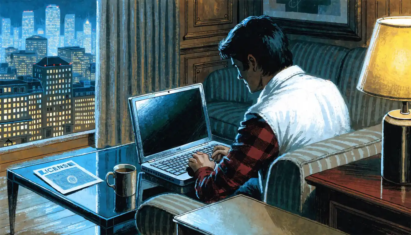 Man on sofa in London flat using laptop near a printed licence document at night.