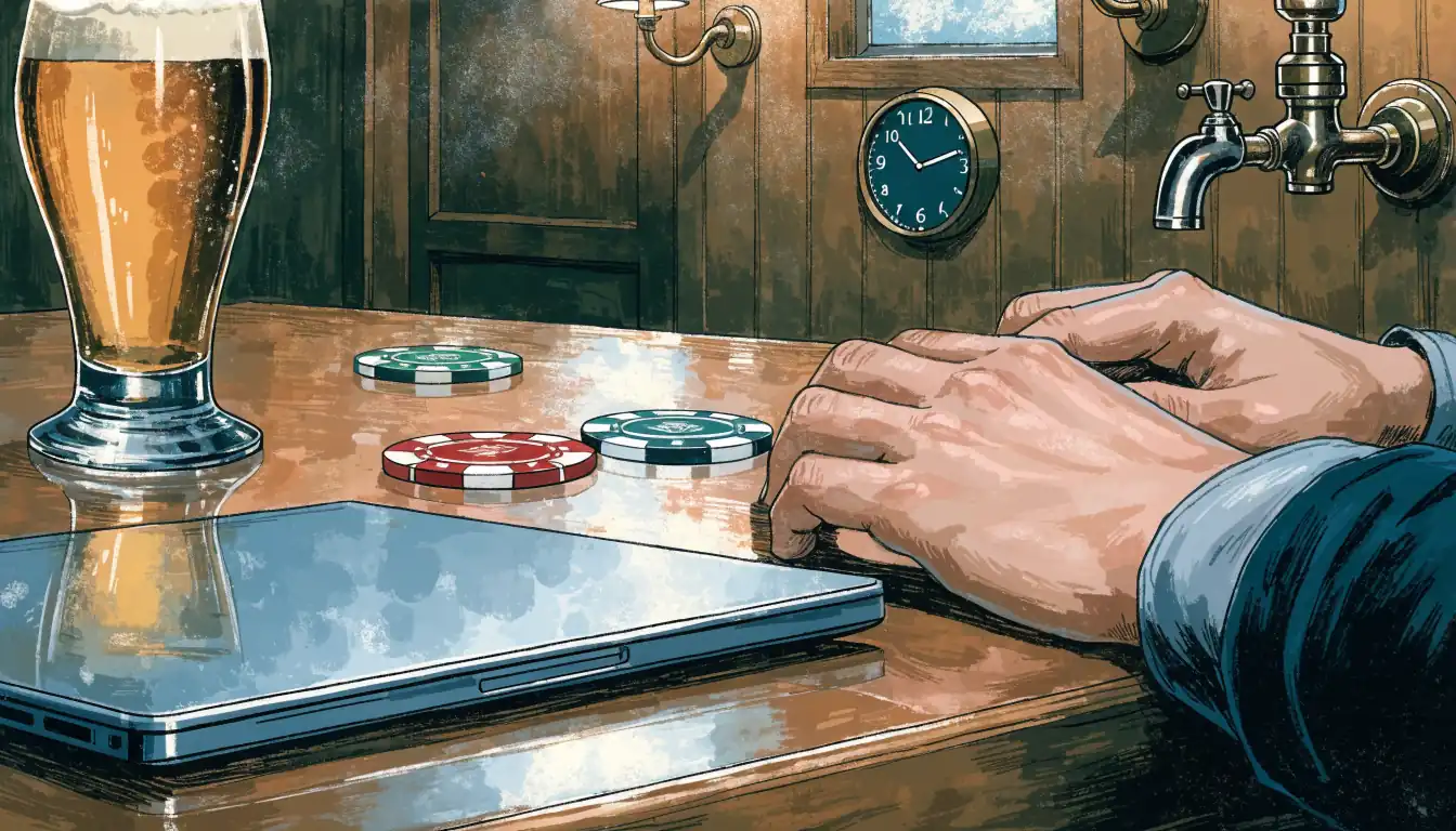 Hands of a player at a UK pub table with chips, pint, and a closed laptop.