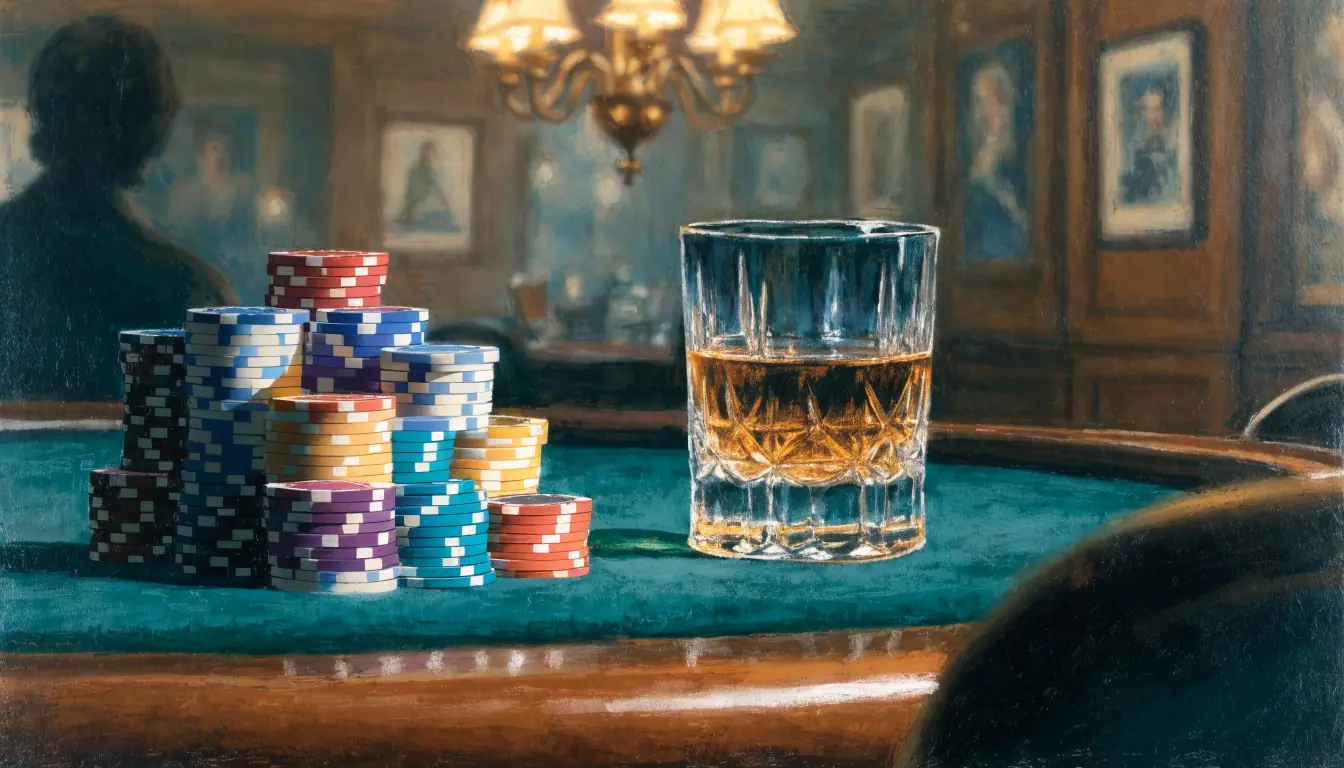 Casino chips being topped up on a green felt table in a refined British casino lounge.