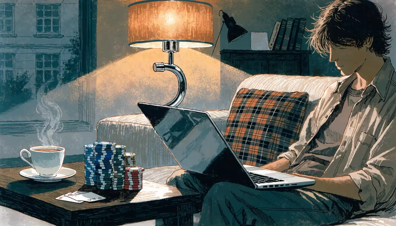 Person in a British living room beside a laptop, poker chips and cards on a coffee table under warm lamp light.