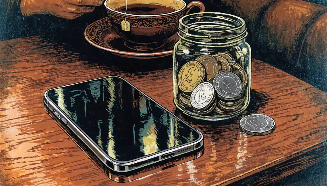 Smartphone face-down on a table with a jar of British pound coins