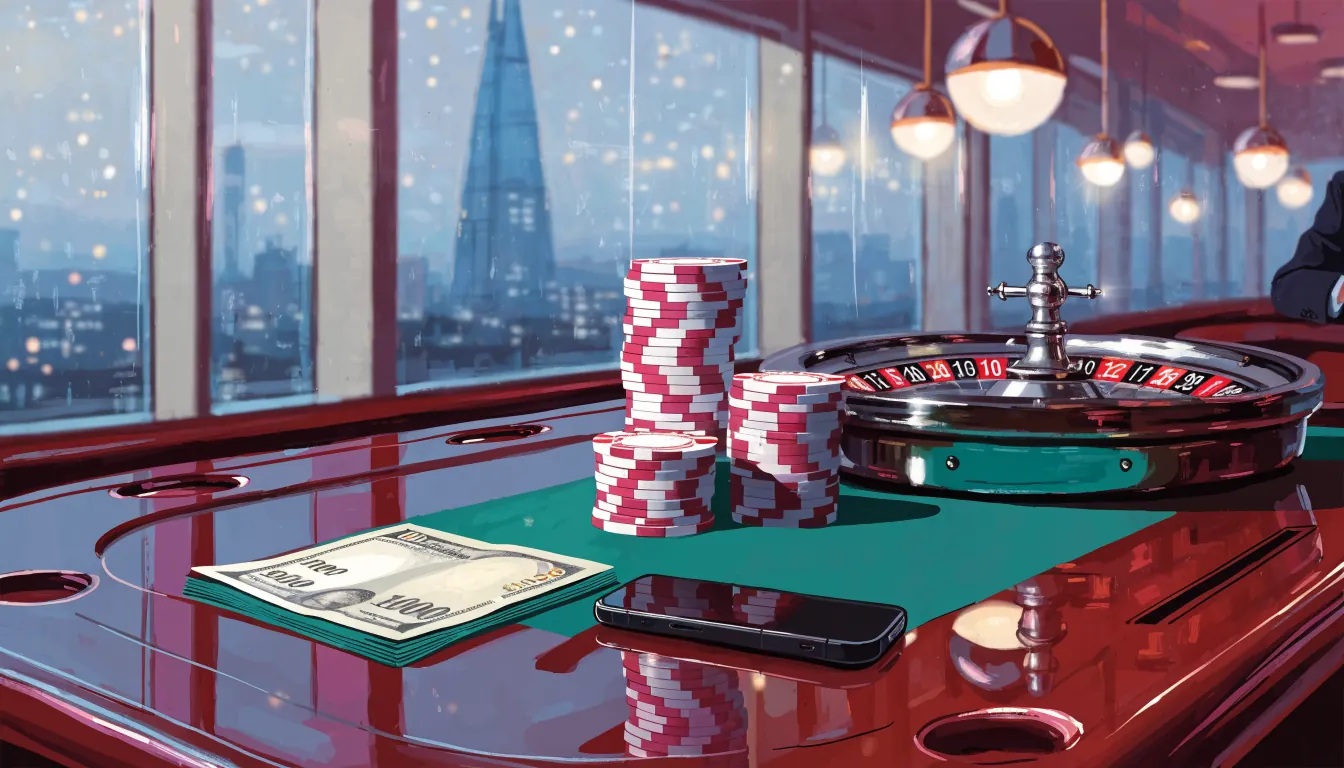 Casino chips, roulette wheel, and a £100 note on a felt table beside a smartphone in a London lounge.