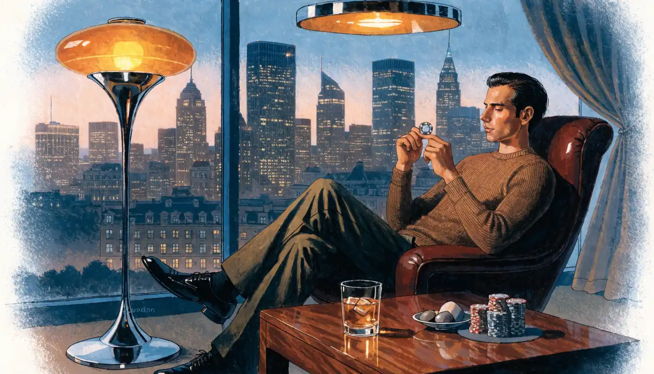 Man with poker chips and whisky in a modern London lounge at dusk.