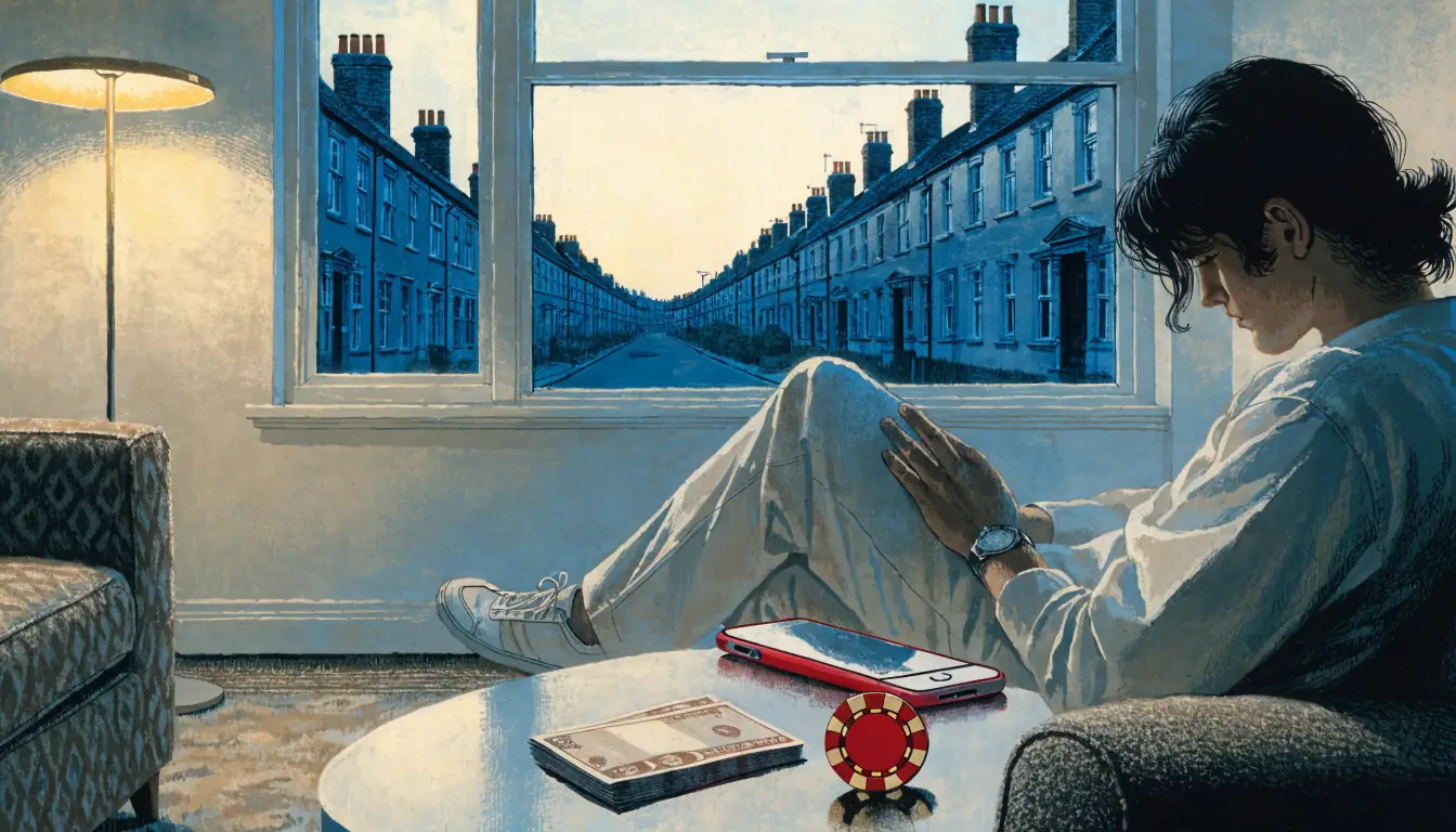 Person on a sofa with smartphone, pound notes and a casino chip on the table.