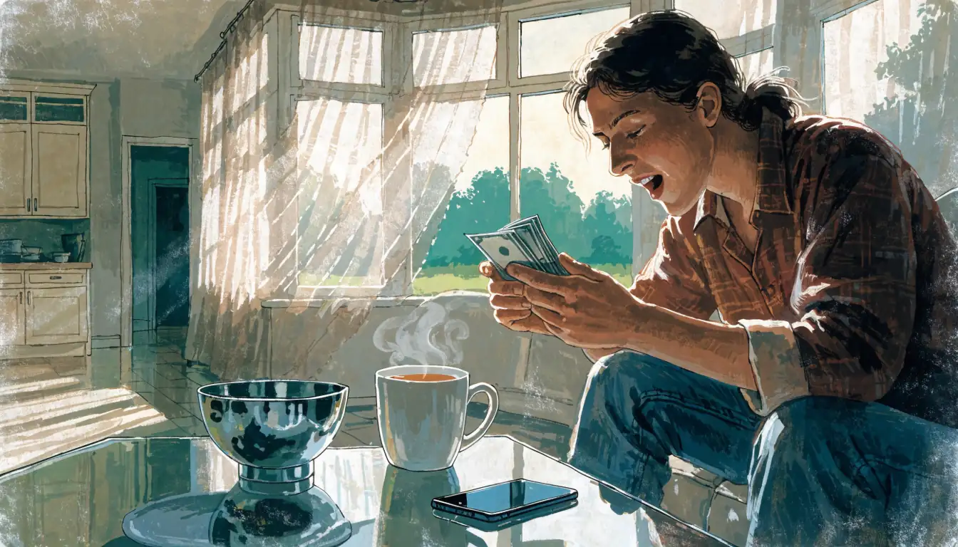 Person counting bonus money at home with smartphone and tea.