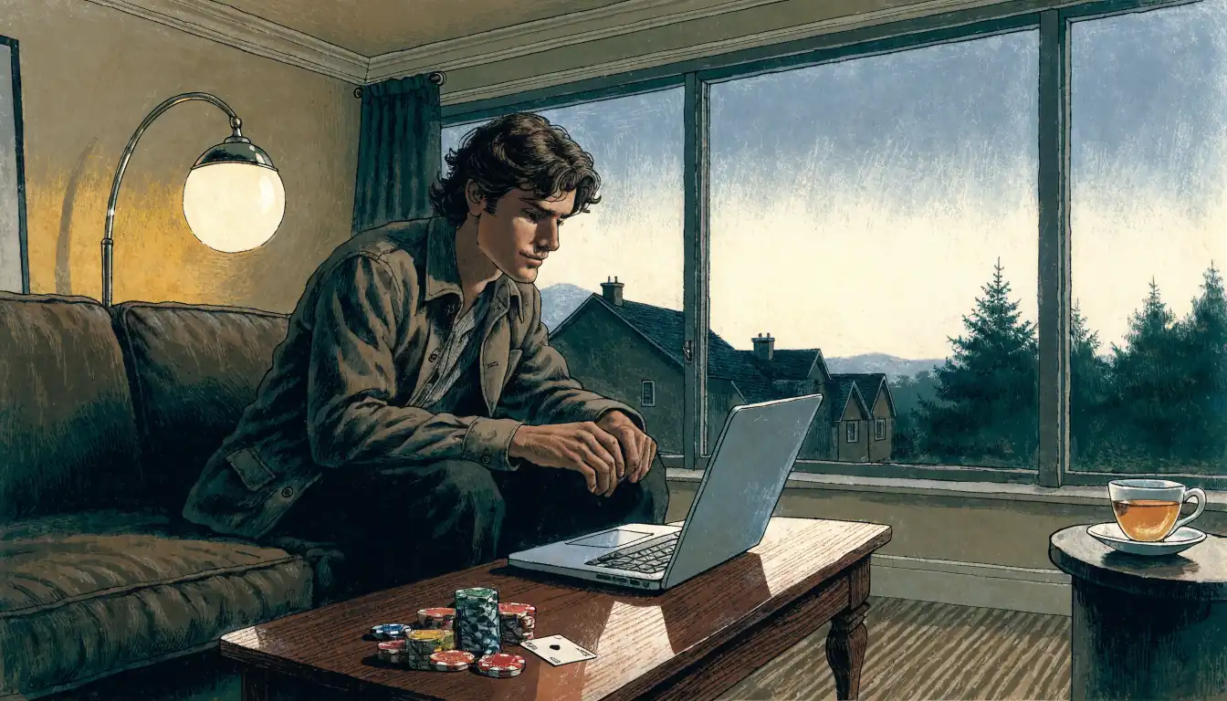 Man on sofa beside closed laptop and poker chips in a British living room at dusk