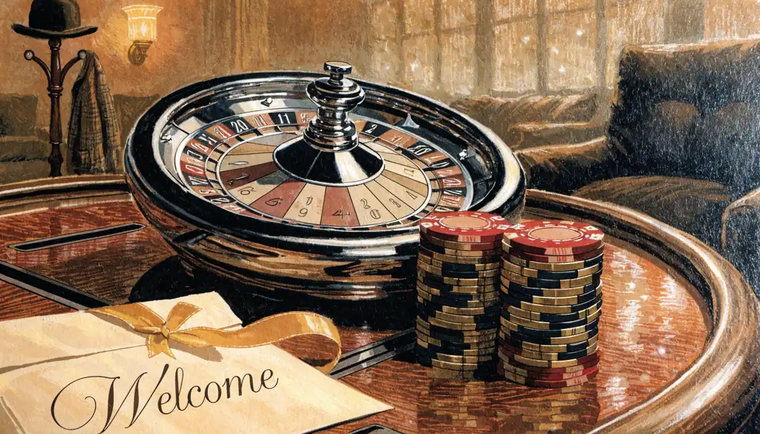 Casino chips, roulette wheel, and a welcome bonus envelope on a wooden table in a British lounge.