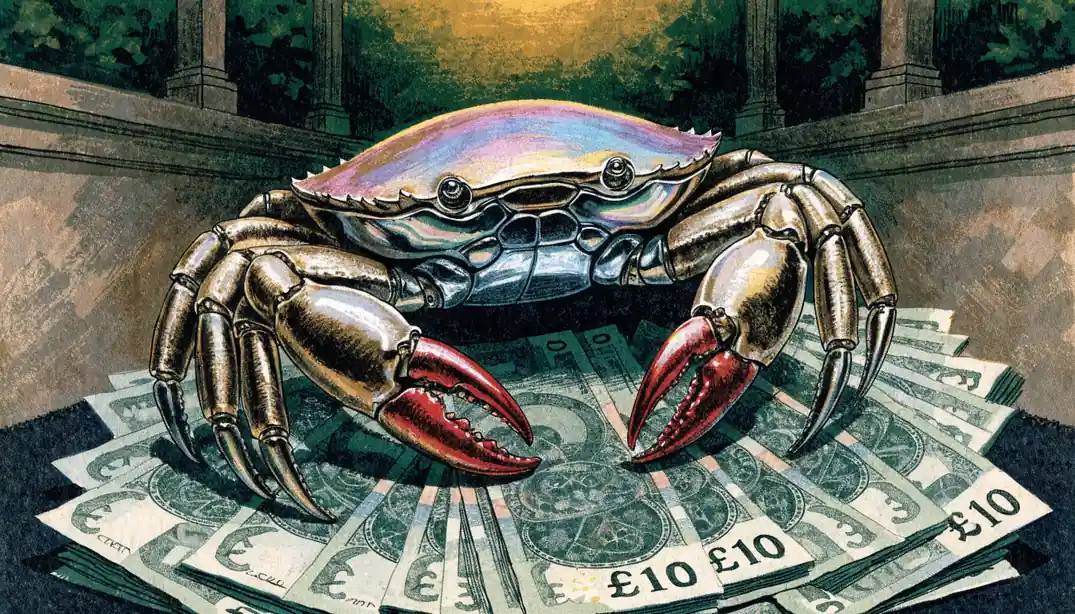 Decorative crab figurine on British pound notes, casino bonus theme.
