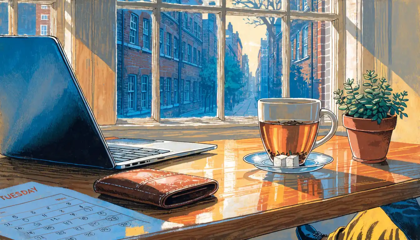 Bright London flat desk with laptop, tea, calendar, and warm window light.