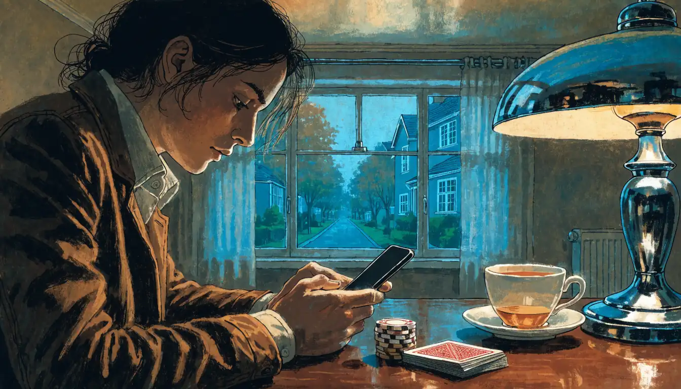 Person holding smartphone beside poker chips and tea in a British home