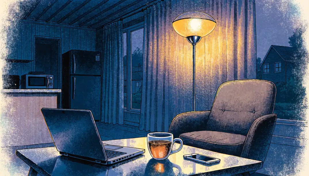 Dimly lit British living room with closed laptop and face-down phone at night