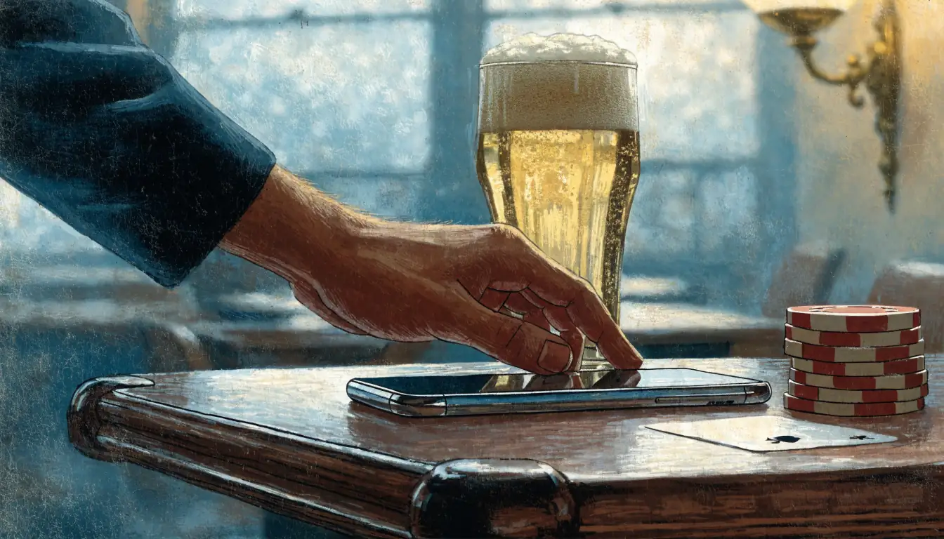 Smartphone on a pub table with chips and a card