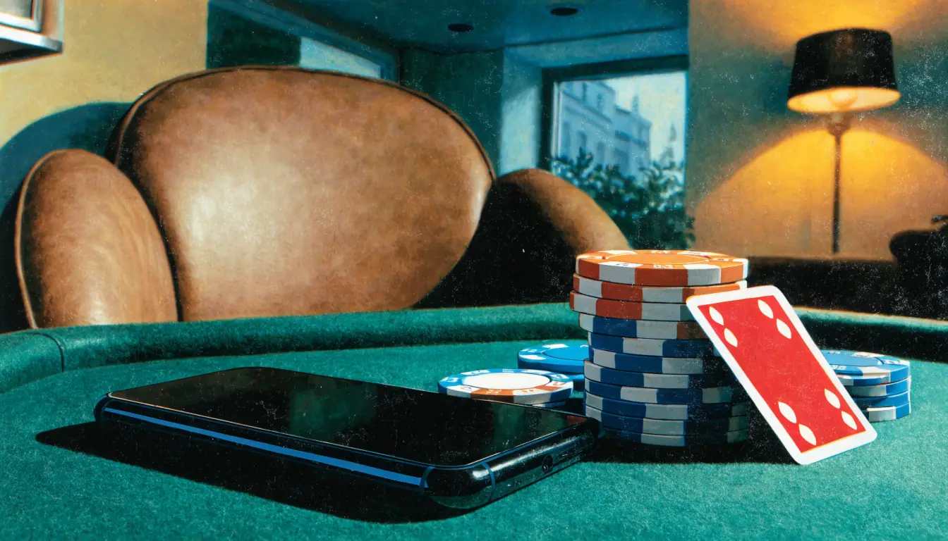 Smartphone resting face-down on a casino table with poker chips and a playing card