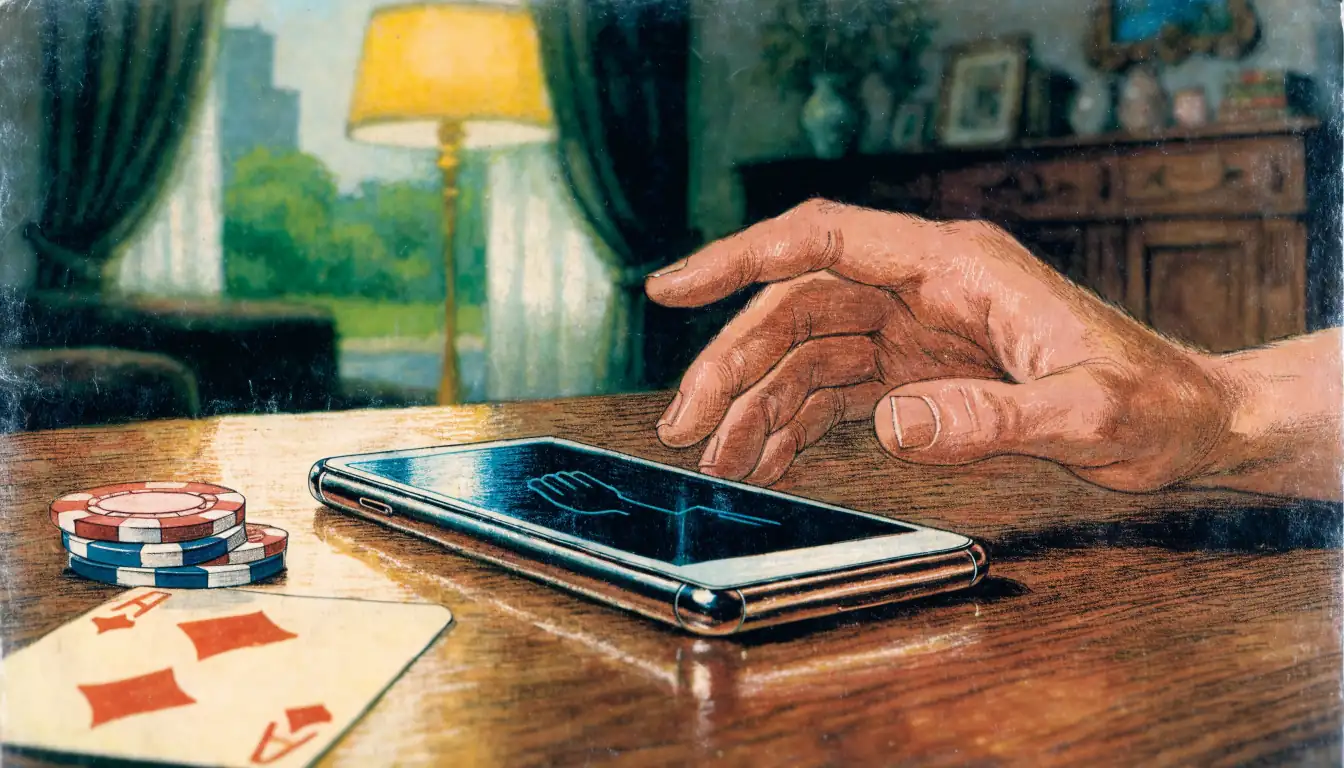 Smartphone on a table with chips nearby, suggesting mobile payment at a UK casino.
