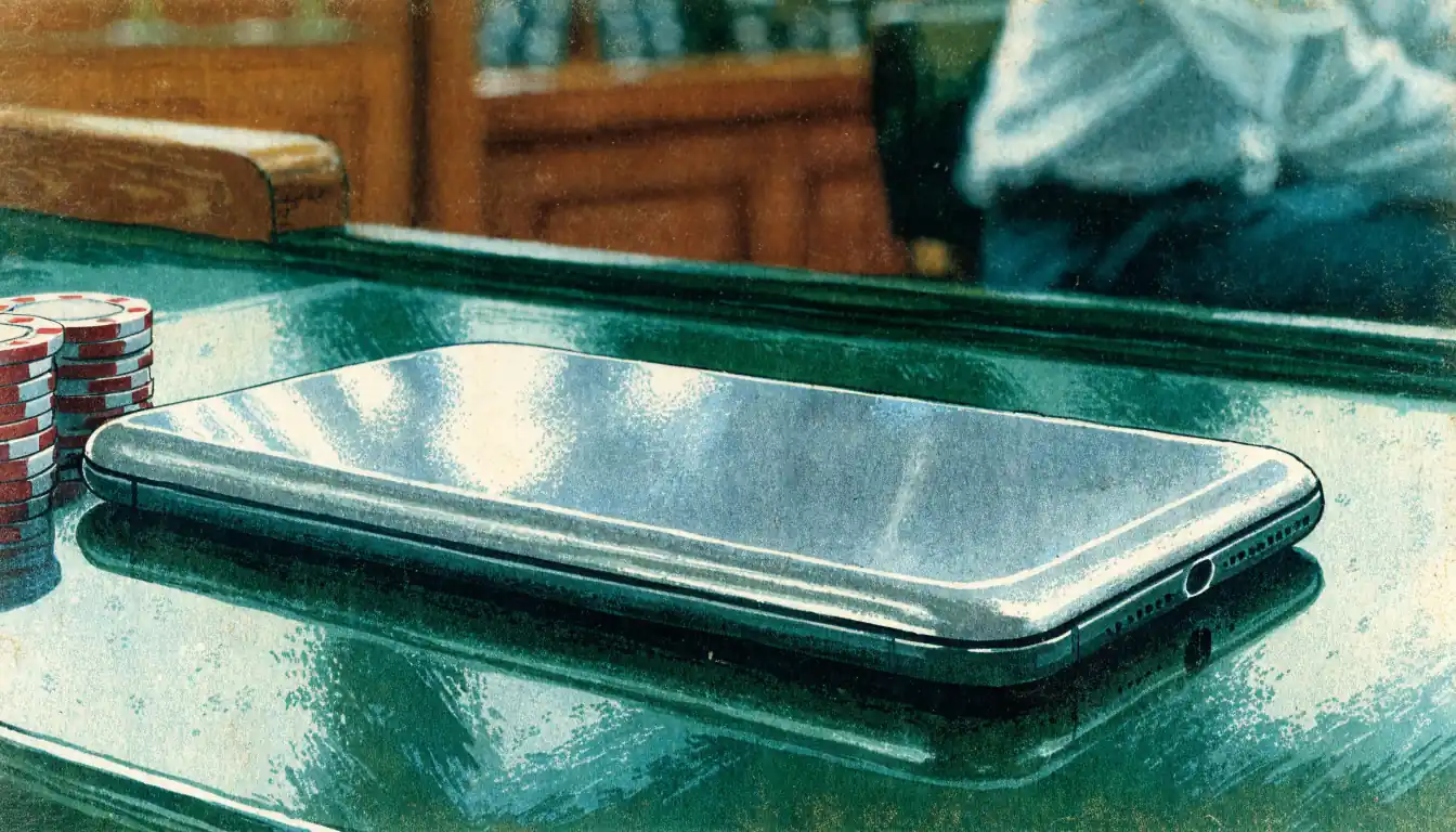 Smartphone on a casino cashier table beside a stack of chips
