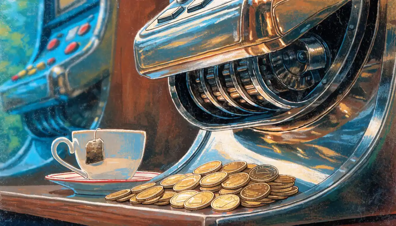 British penny coins on a fruit machine in a UK arcade