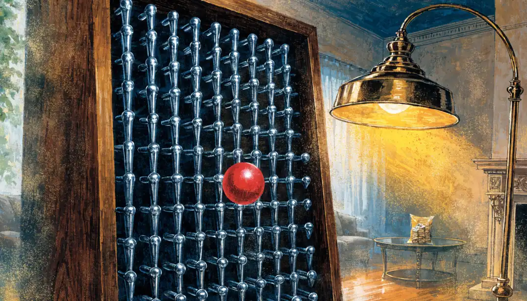 Plinko board with a red ball falling through silver pegs in a warm lounge.