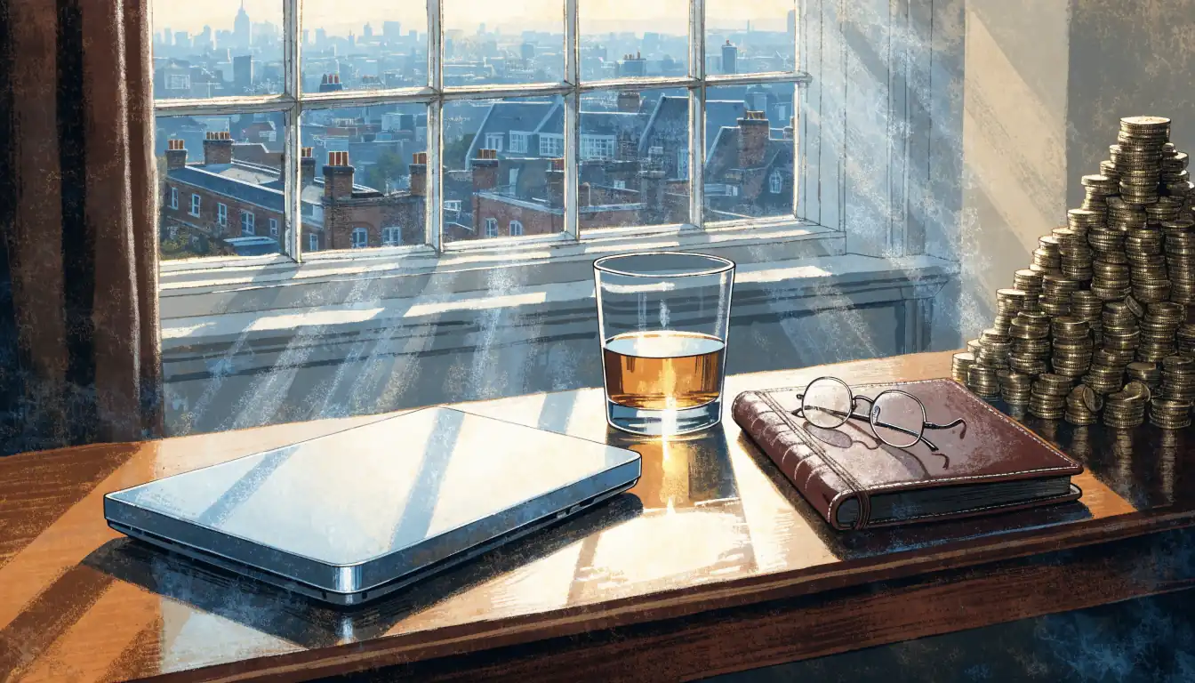 British home desk with closed laptop, whisky glass, and stack of gold coins by a window